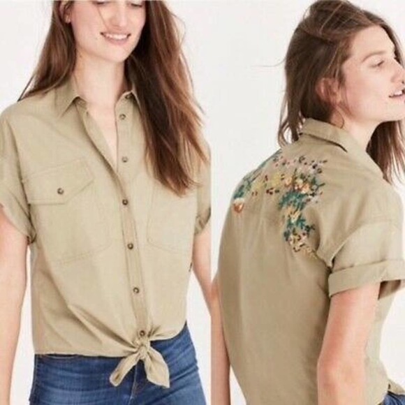 MADEWELL • Khaki Floral Embroidered Short Sleeve Button Top Sz S - Picture 8 of 8